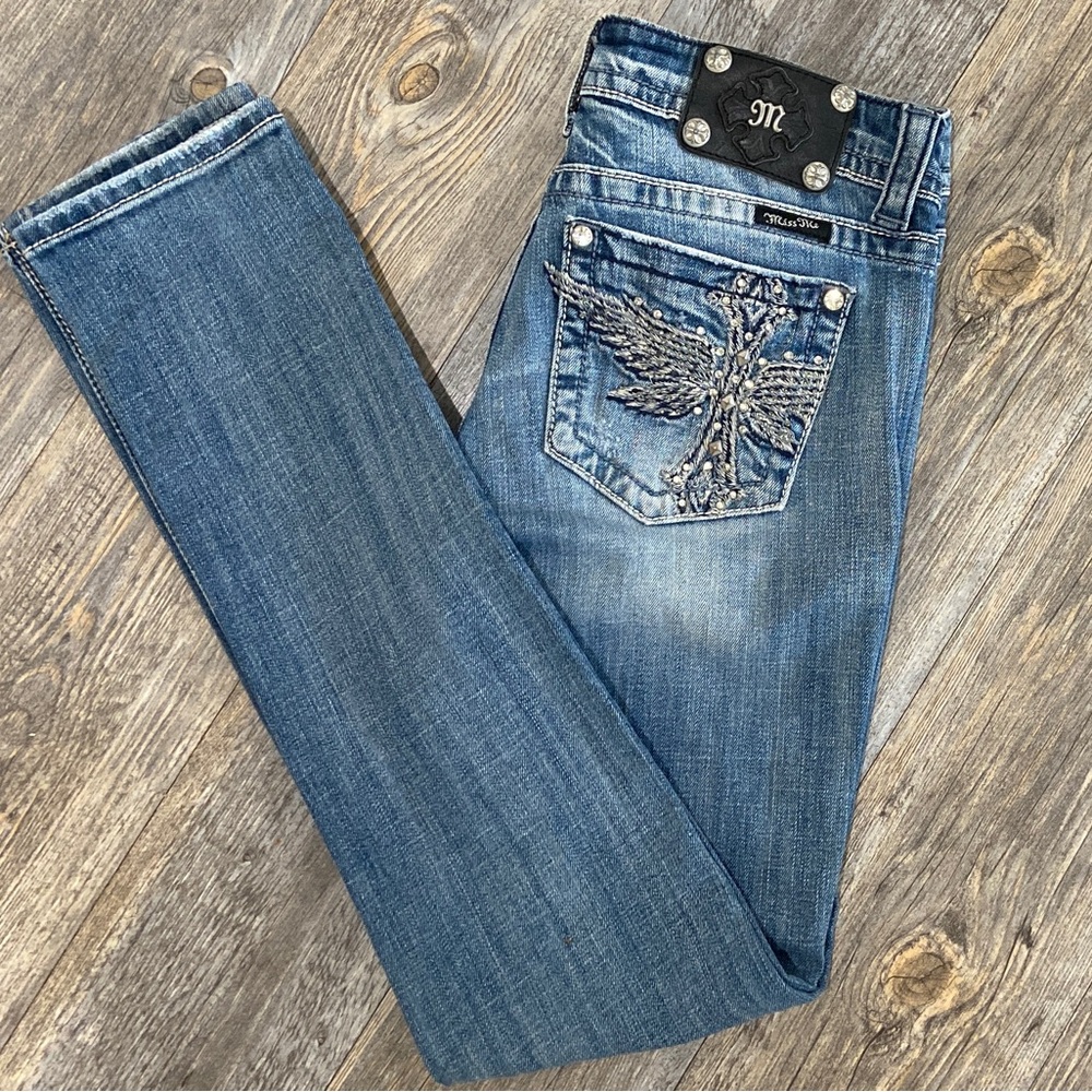 Miss Me Size 29 Bling Embellished Wing Cross “Skinny” Jeans Cowboy JP53435